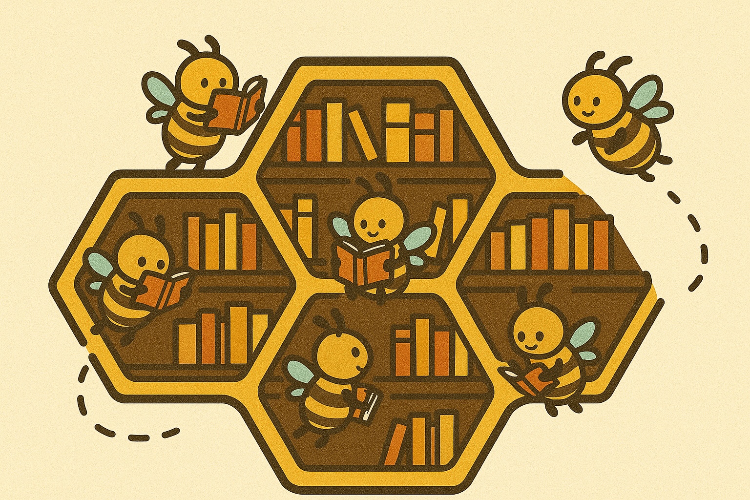 Illustration of bees reading books in a honeycomb bookshelf
